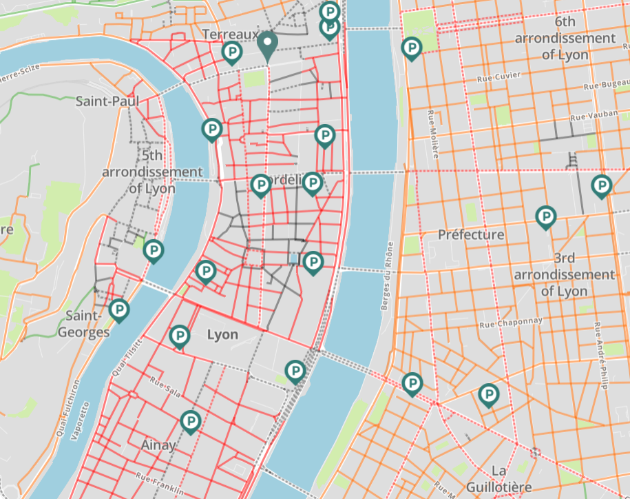 Les zones de stationnement payante et les zones de stationnement gratuite de Lyon.